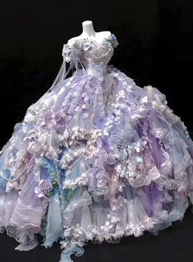 梦幻仙女风一字肩紫色立体花朵大摆晚礼服洛丽塔公主裙
