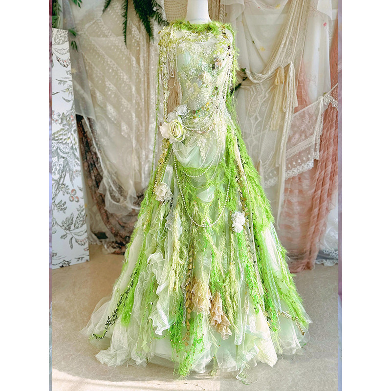 植物系绿色长款大摆蓬蓬礼服定制