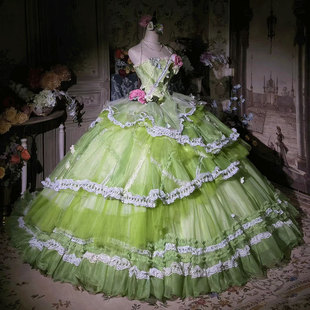 洛丽塔风绿色多层蛋糕裙晚礼服女公主风蕾丝花边成人礼蓬蓬裙