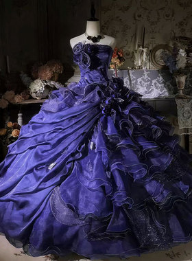 黑天鹅风紫色抹胸大摆裙多层荷叶边闪片装饰生日礼服长裙