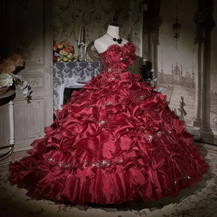 华丽风红色抹胸花苞裙重工钉珠公主礼服拖尾蓬蓬裙