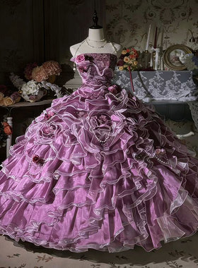 公主风抹胸紫色礼服女手工立体花层叠蓬蓬纱钉珠晚礼服