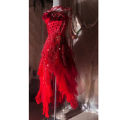 红色单肩艺亮片晚礼服女红毯不规则裙摆礼服花嫁洛丽塔lolita