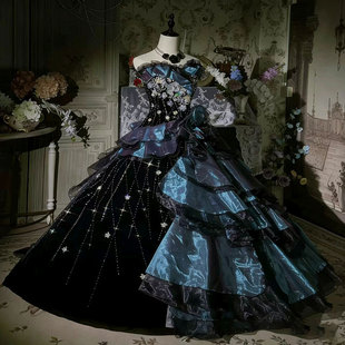 洛丽塔风吊带连衣裙女暗黑哥特风礼服cos万圣节女巫风裙vintage