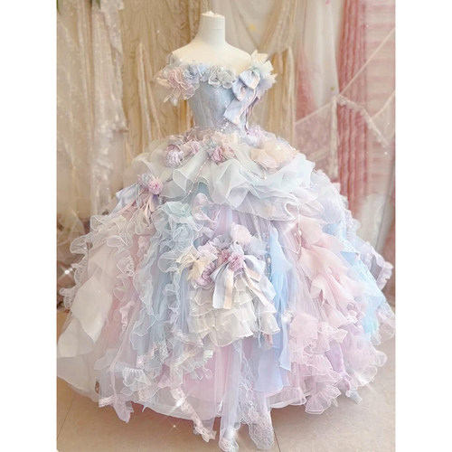 仙女风抹胸花朵拖尾蓬蓬礼服定制