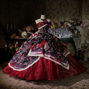 华丽风单肩花朵印花礼服女红色多层蛋糕裙摆宫廷公主裙vintage