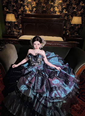 哥特风抹胸黑紫色大摆晚礼服女高级感公主裙洛丽塔风vintage