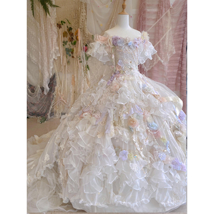 梦幻仙女风抹胸拖尾礼服花嫁重工荷叶边蓬蓬裙超仙定制花神洛丽塔