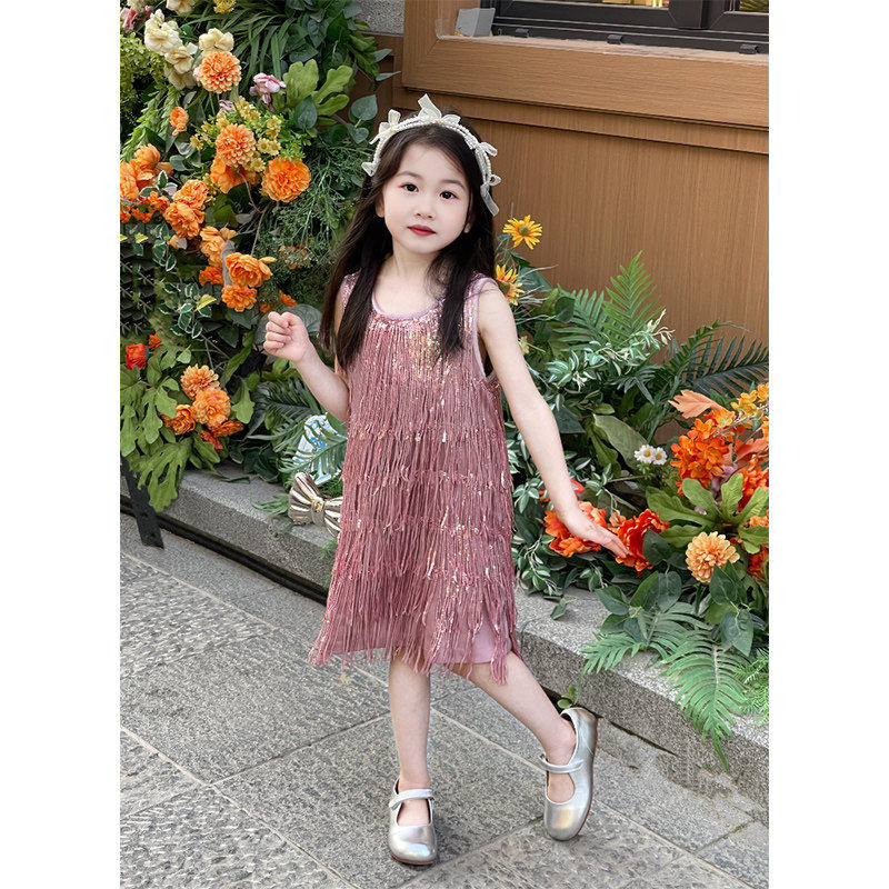 女童流苏亮片连衣裙2026新款儿童夏季公主裙生日礼服裙六一表演裙