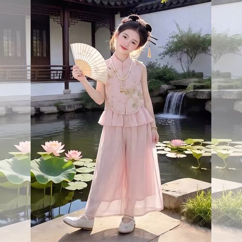 女童夏刺绣无袖上衣阔腿裤两件套