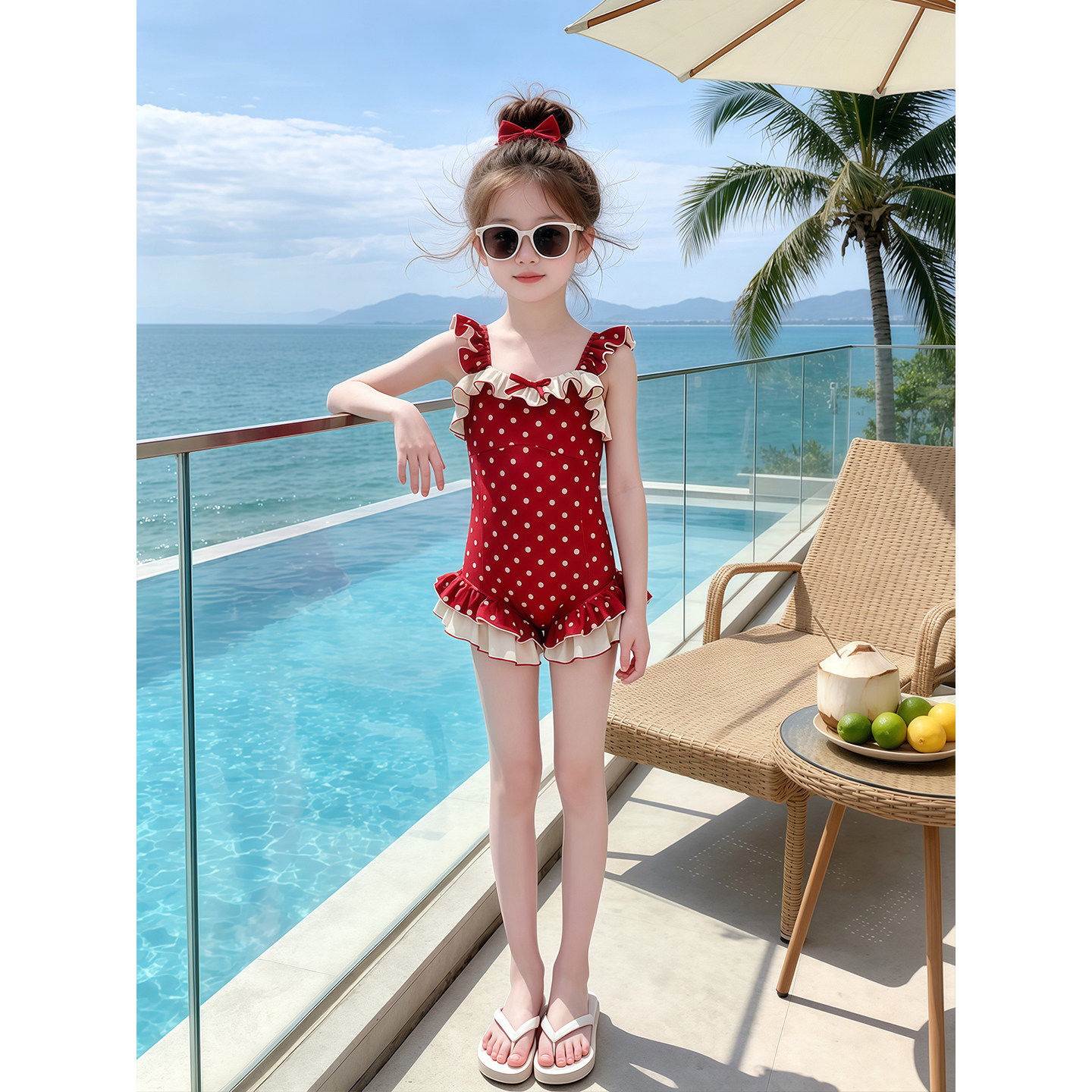 女童波点连身泳衣夏季2026新款儿童花边甜美洋派公主游泳服夏装