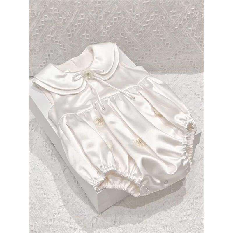 高端缎面女童宝宝生日礼服连体衣夏季新款儿童娃娃领周岁连衣裙子