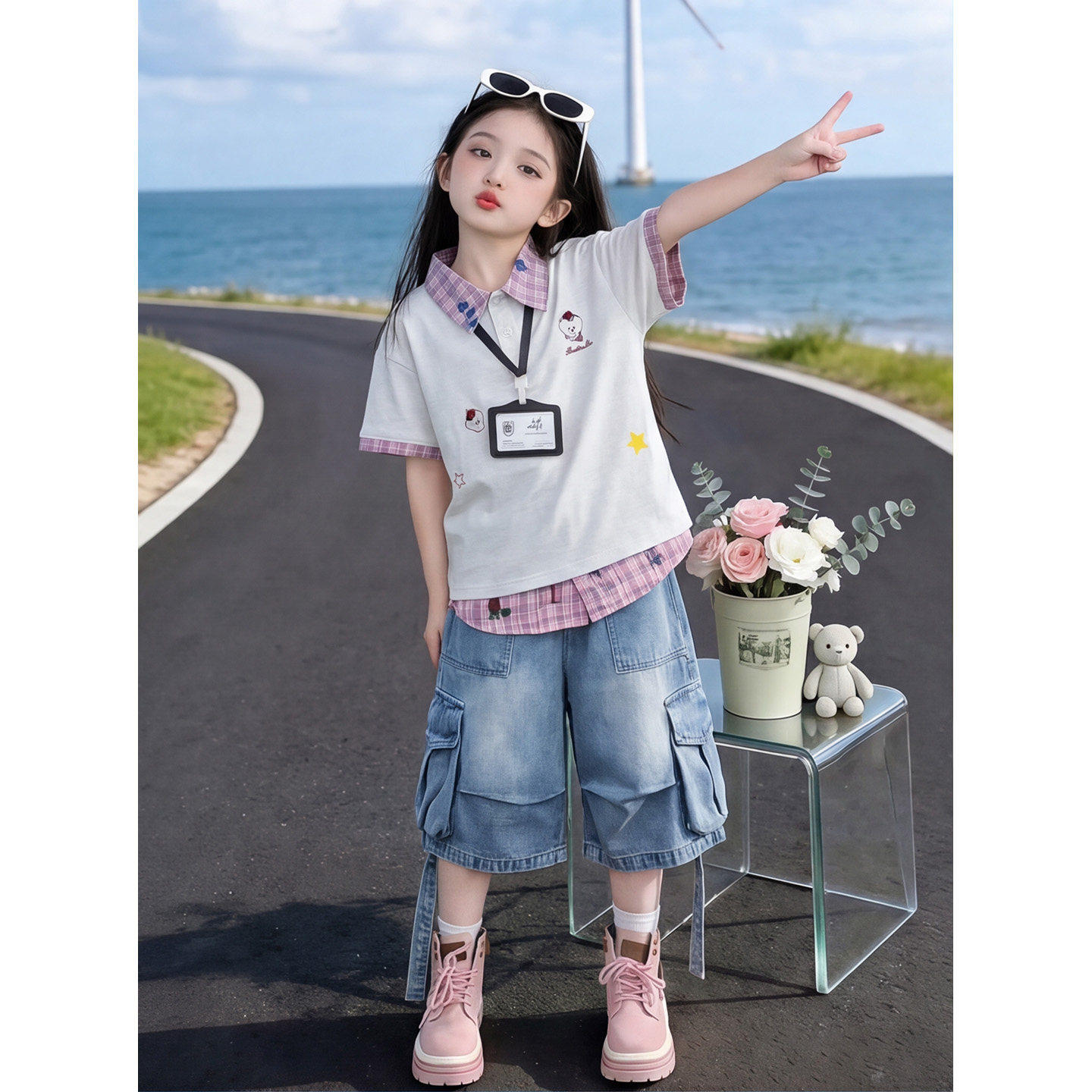 女童夏季假两件POLO衫短袖套装2026新款女孩夏装洋气上衣T恤大童t