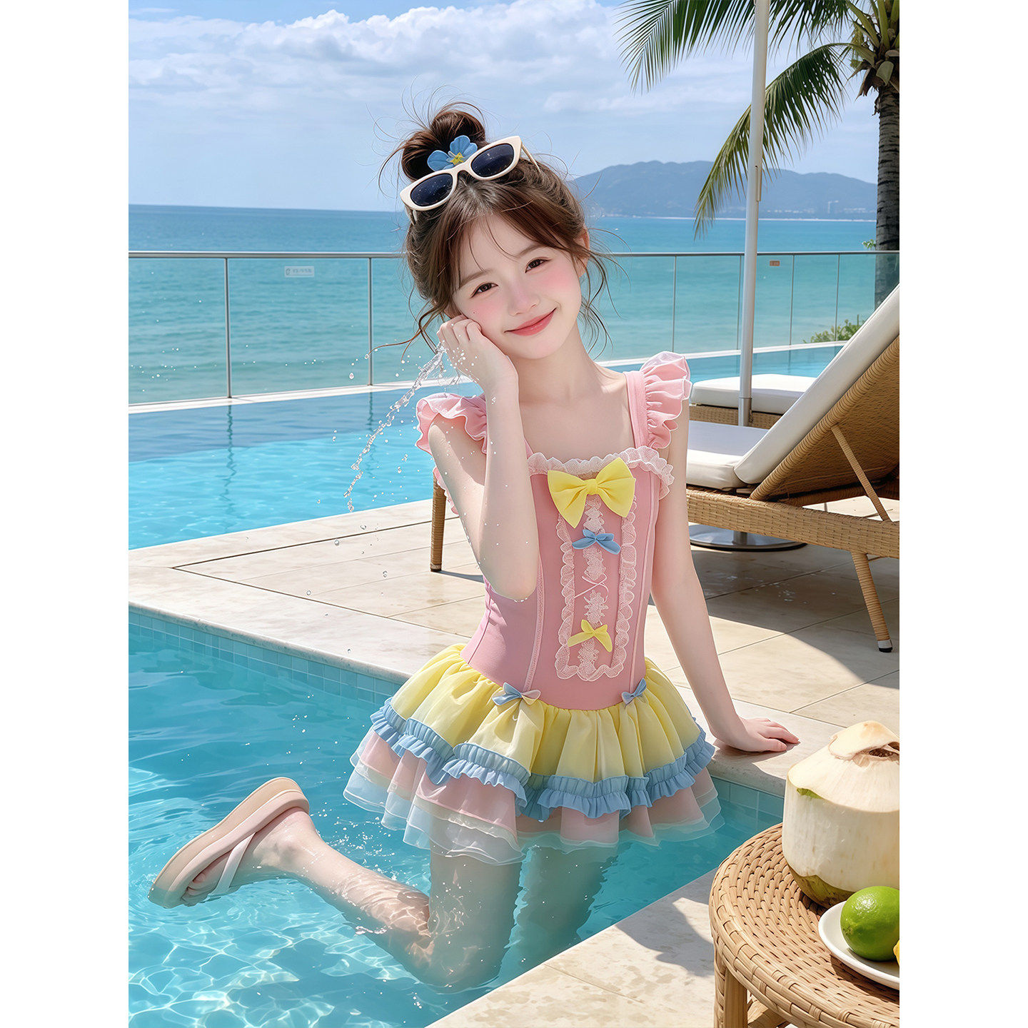 女童罗莉塔泳衣夏装2026新款儿童洋派游泳服夏季女孩蝴蝶结泳装潮