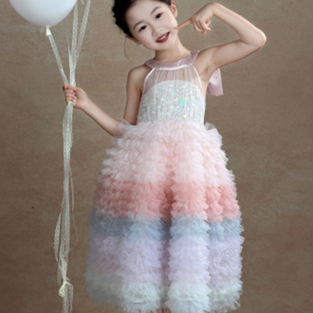 女童生日礼服裙子儿童彩虹渐变挂脖连衣裙小女孩绝美迪士尼公主裙