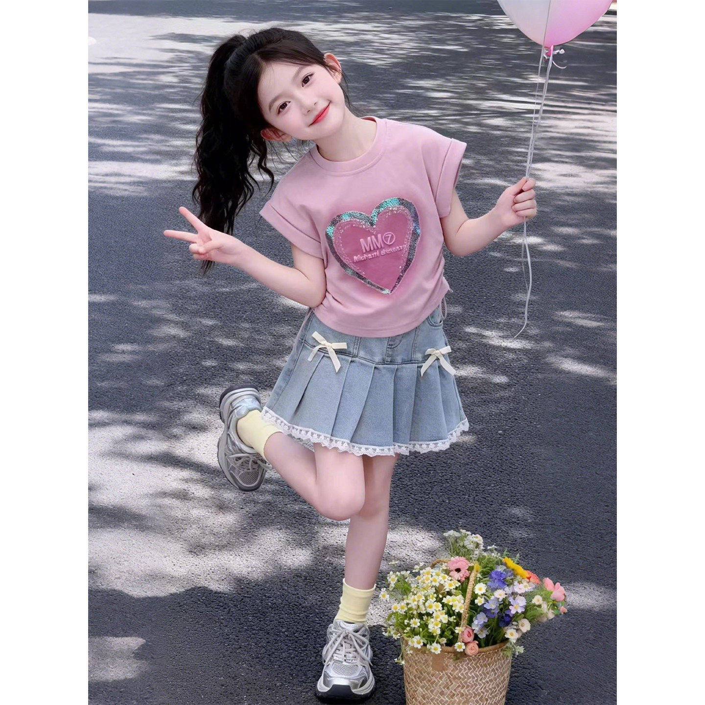 女童夏季套装2026新款洋气儿童牛仔裙夏装网红时髦女孩短裙两件套