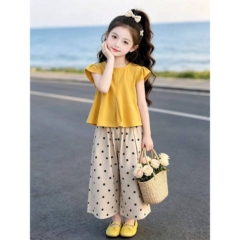 女童套装夏季2026新款儿童纯色短袖T恤夏装女孩波点阔腿裤两件套