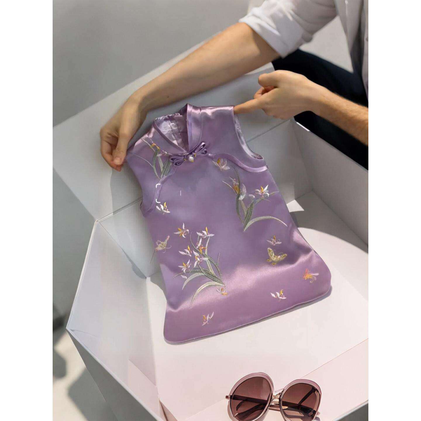 新中式女童紫色蝴蝶结无袖连衣裙女宝宝生日宴礼服国风刺绣旗袍裙