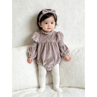 女宝浅灰色打揽泡泡袖连体衣秋季木耳花边领包屁衣婴幼儿周岁礼服