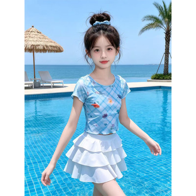女童海边度假泳衣2026新款海洋印花短袖蛋糕裙式防走光两件式游泳