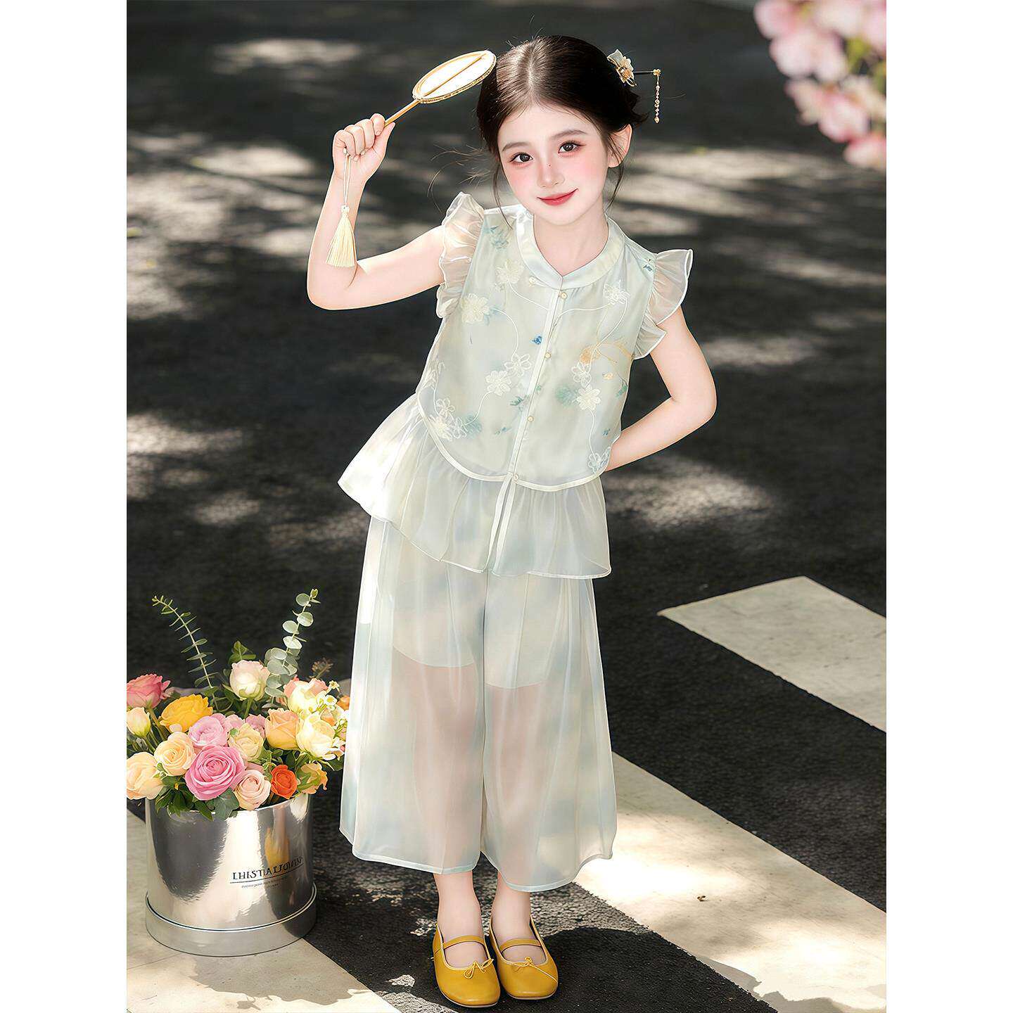 女童新中式套装夏季2026新款国风儿童刺绣提花无袖汉服薄款两件套
