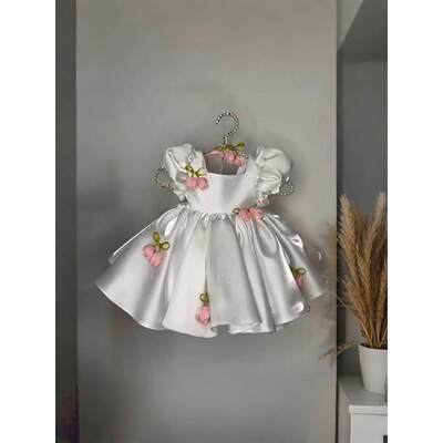 女童白色连衣裙女宝宝生日礼服郁金香花朵蓬蓬裙绑带泡泡袖公主裙
