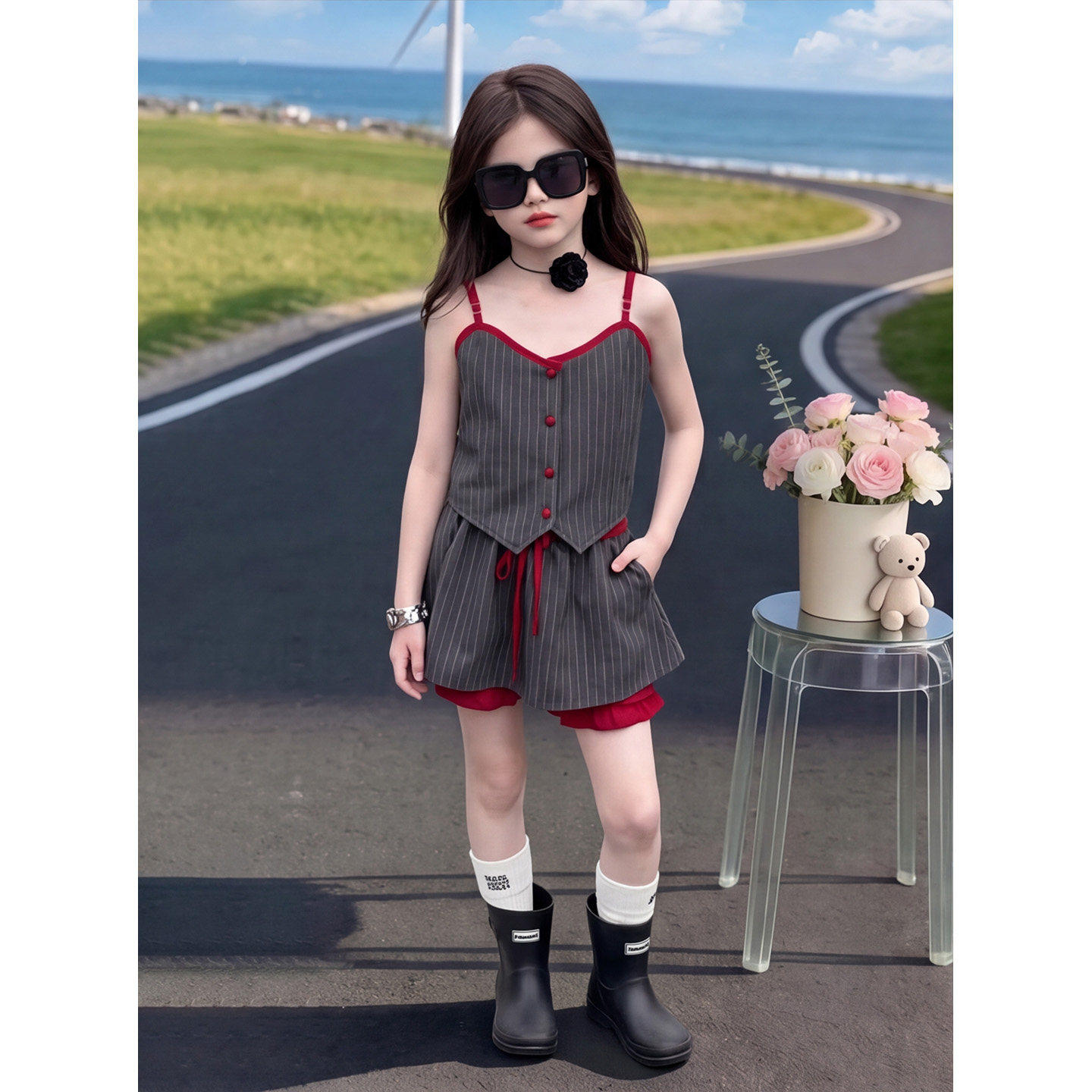 女童套装夏季儿童条纹吊带两件套