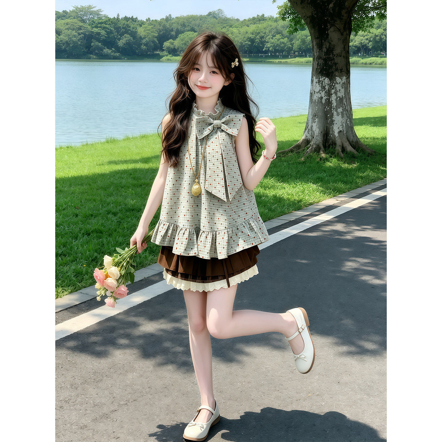 女童无袖洋装夏季2026新款儿童蝴蝶结背心裙夏装女孩甜美波点裙
