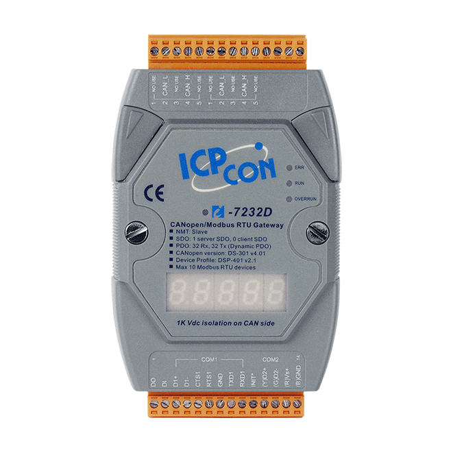 泓格 I-7232D CANopen从站到Modbus/RTU主站网关模块