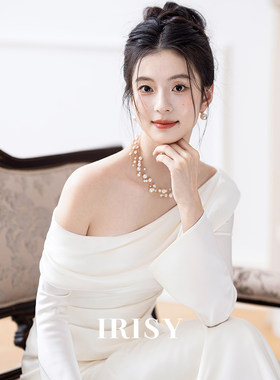 白色长袖订婚礼服法式斜肩晨袍