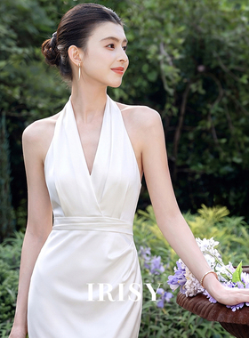 原创正版IRISY法式绝美新娘订婚礼服白色挂脖气质领证登记小白裙