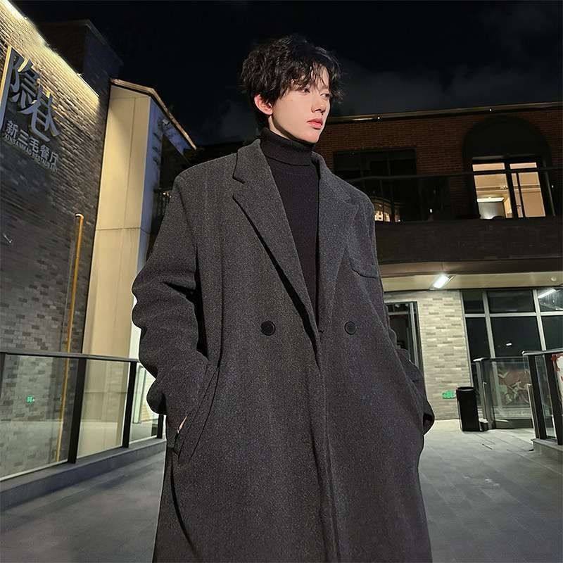 美式深灰色毛呢大衣男英伦风中长款风衣过膝俄式韩版呢子外套