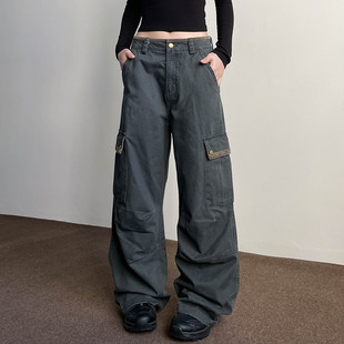 美式复古灰色多口袋褶皱做旧工装裤男女新款街头宽松百搭直筒裤子
