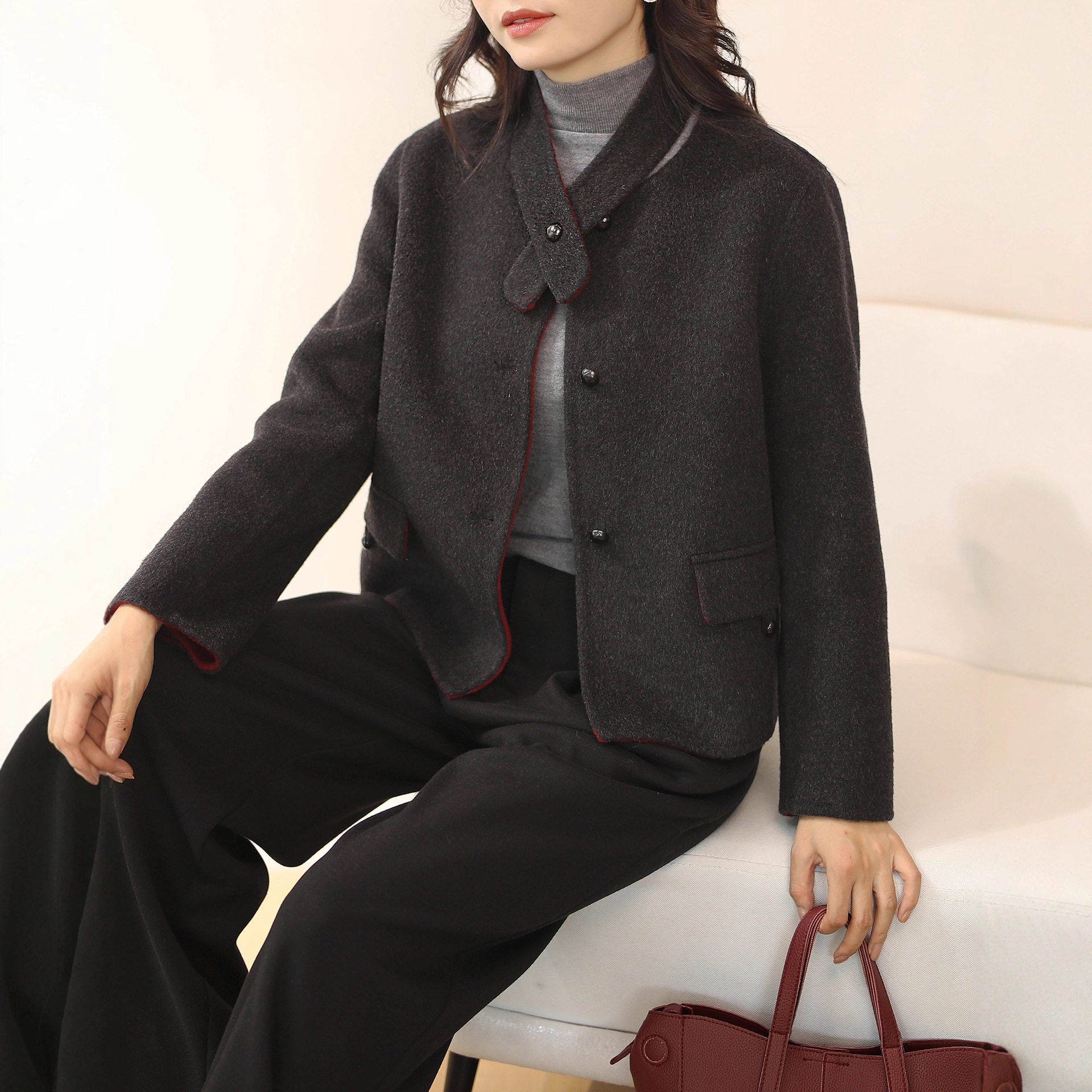 2025双面羊绒大衣短款圆领秋冬毛呢小个子羊毛外套女显高显瘦外衣