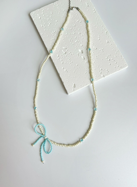 IsleJoy 原创设计玻璃米珠夏日蓝色蝴蝶结项链女生礼物小众饰品