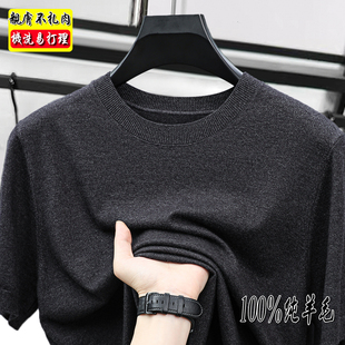 早春薄款短袖100纯羊毛衫中青年男圆领半袖上衣针织打底濮院毛衣