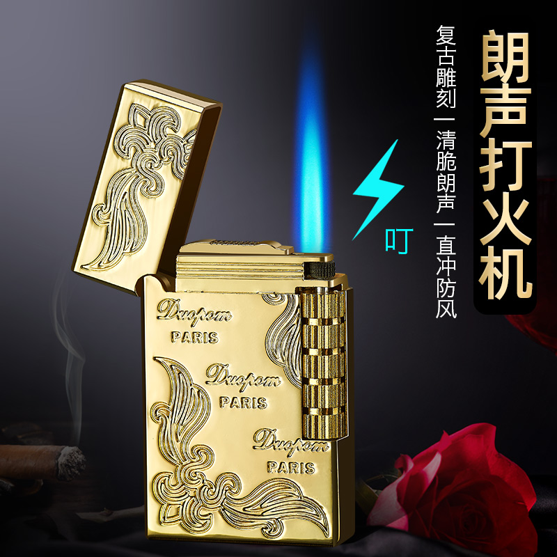 网红朗声侧滑侧打直冲气体打火机砂轮防风充气个性金属点烟器定制