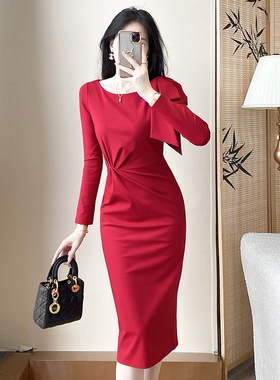 小众设计感红色礼服连衣裙女秋法式名媛宴会气质独特修身中长裙子