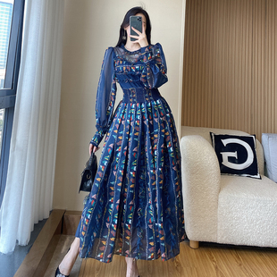 轻奢高级感雪纺碎花旅游度假长裙 新款 波西米亚长袖 连衣裙2026春季