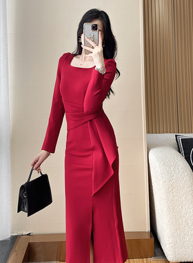 红色轻奢礼服裙连衣裙女秋冬新款修身名媛法式高级感气质包臀裙子