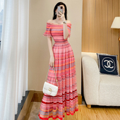 法式 波西米亚一字肩连衣裙女夏季 新款 雪纺印花收腰度假风露肩长裙