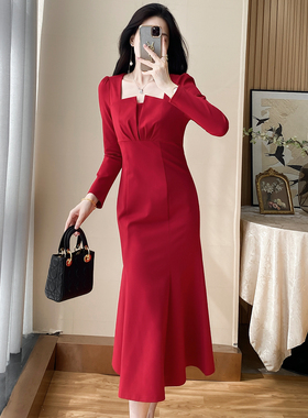 平时可穿红色鱼尾连衣裙女2025春秋新款奢华大牌显瘦晚宴礼服裙子