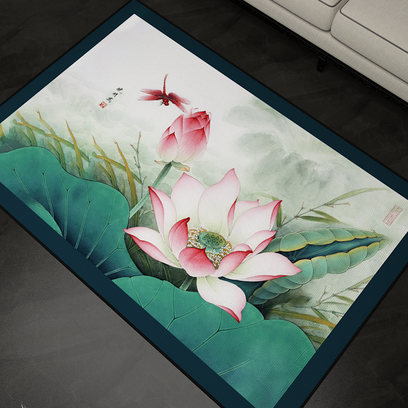 地毯荷花禅意中式方形客厅卧室家用中国风长方形正版授权门垫地垫,居家布艺,家用脚垫,淘宝优惠券,粉丝福利购,淘宝优惠卷
