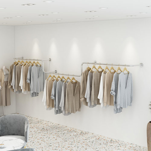 服装店上墙壁挂展示架侧挂陈列货架男女装墙上挂衣架银色不锈钢架
