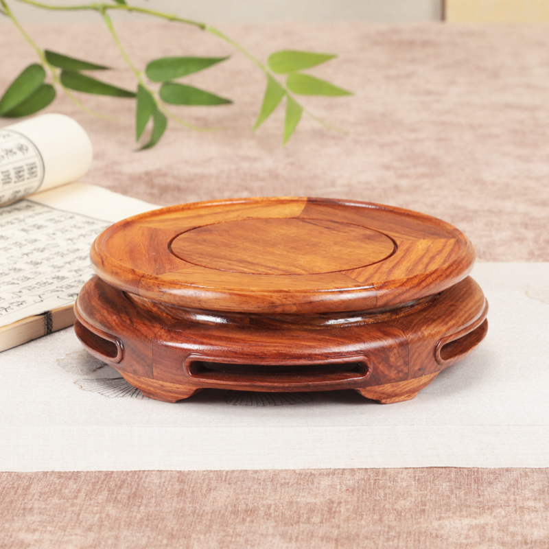 非洲花梨木圆形茶壶鱼缸佛像花瓶花盆底座木质奇石实木托架摆件座