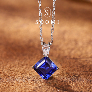 方形锁骨链菱形吊坠女 925银培育皇家蓝宝石项链女时尚 SOOMI星火