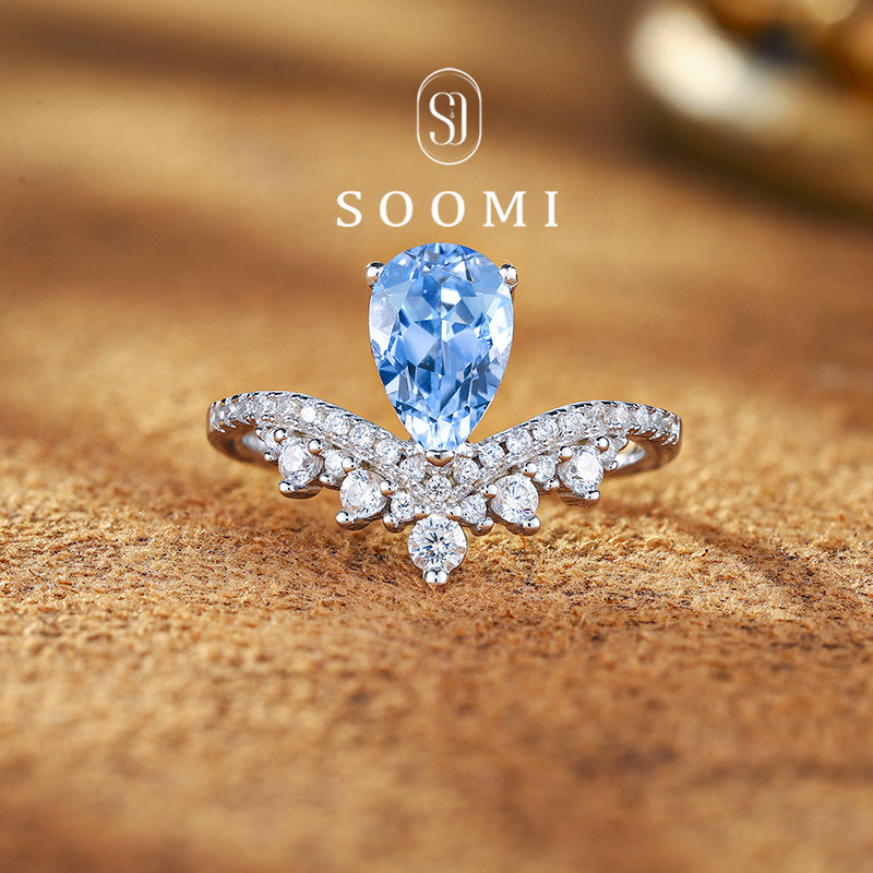 【SOOMI 白鹭】海蓝宝戒指培育彩宝尖晶石水滴1.8克拉925银海鸥戒