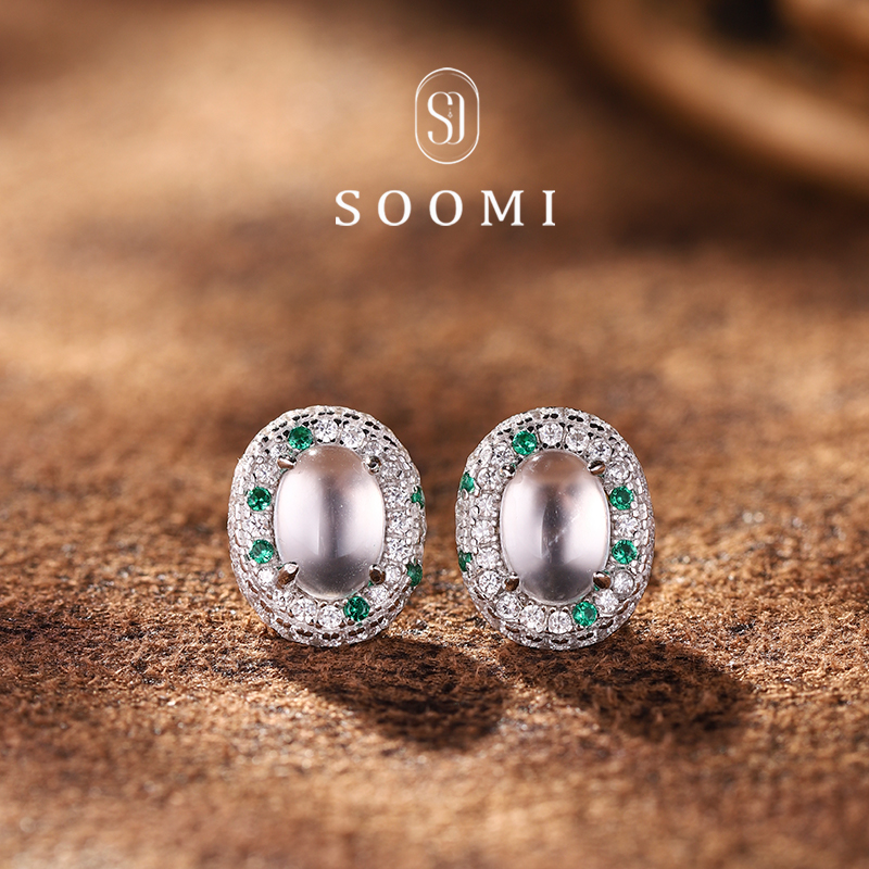 【SOOMI绿野仙踪】天然水沫玉耳钉蛋面耳环玻璃种玉髓耳饰宝石