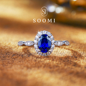皇家蓝宝石戒指1.2ct培育彩宝925银镀18k戴妃女戒 SOOMI接骨木