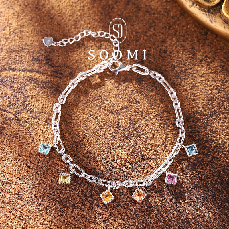 蓝宝石手链彩虹色培育925银简约